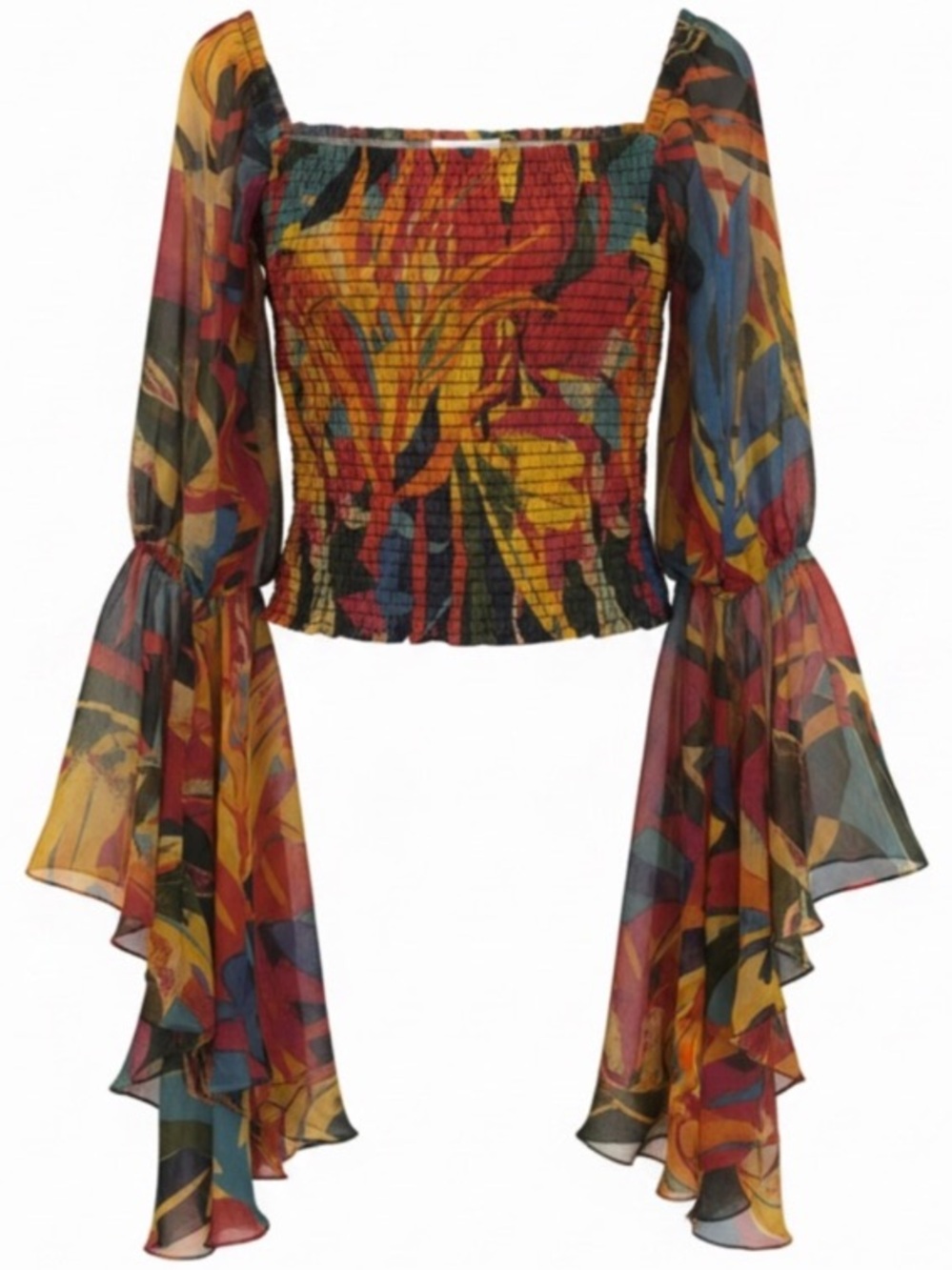 Smocked Square-Neck Multicolor Bell Sleeve Top